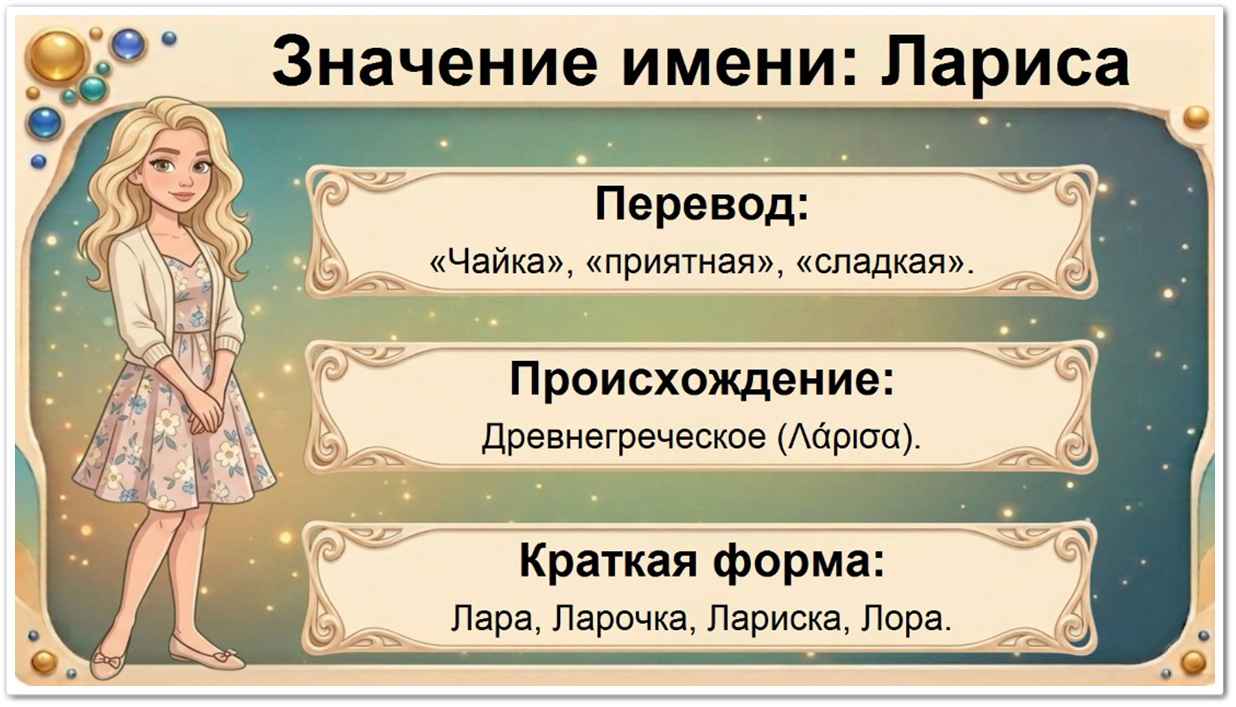 Значение имени Лариса: перевод — чайка, греческое происхождение, краткие формы Лара, Ларочка, Лариска, Лора.