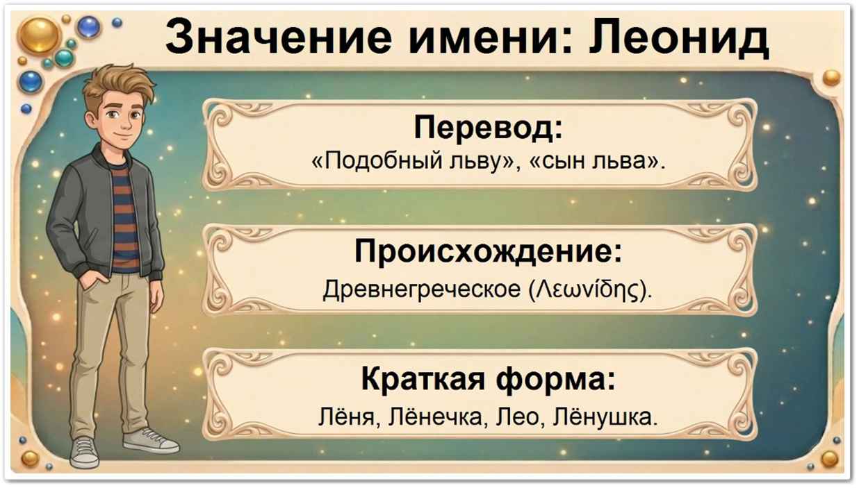 Значение имени Леонид: происхождение, перевод — подобный льву, краткие формы Лёня, Лёнечка, Лёнушка.