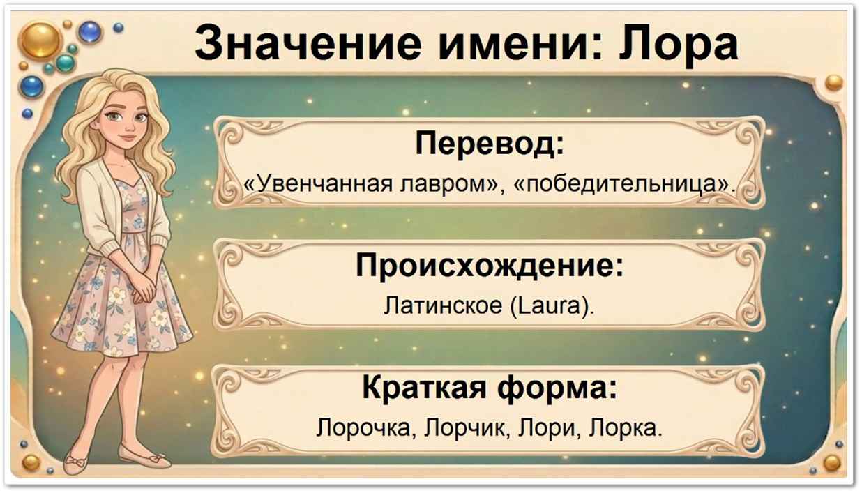 Значение имени Лора: перевод — увенчанная лавром, латинское происхождение, краткие формы Лорочка, Лорчик, Лори, Лорушка.
