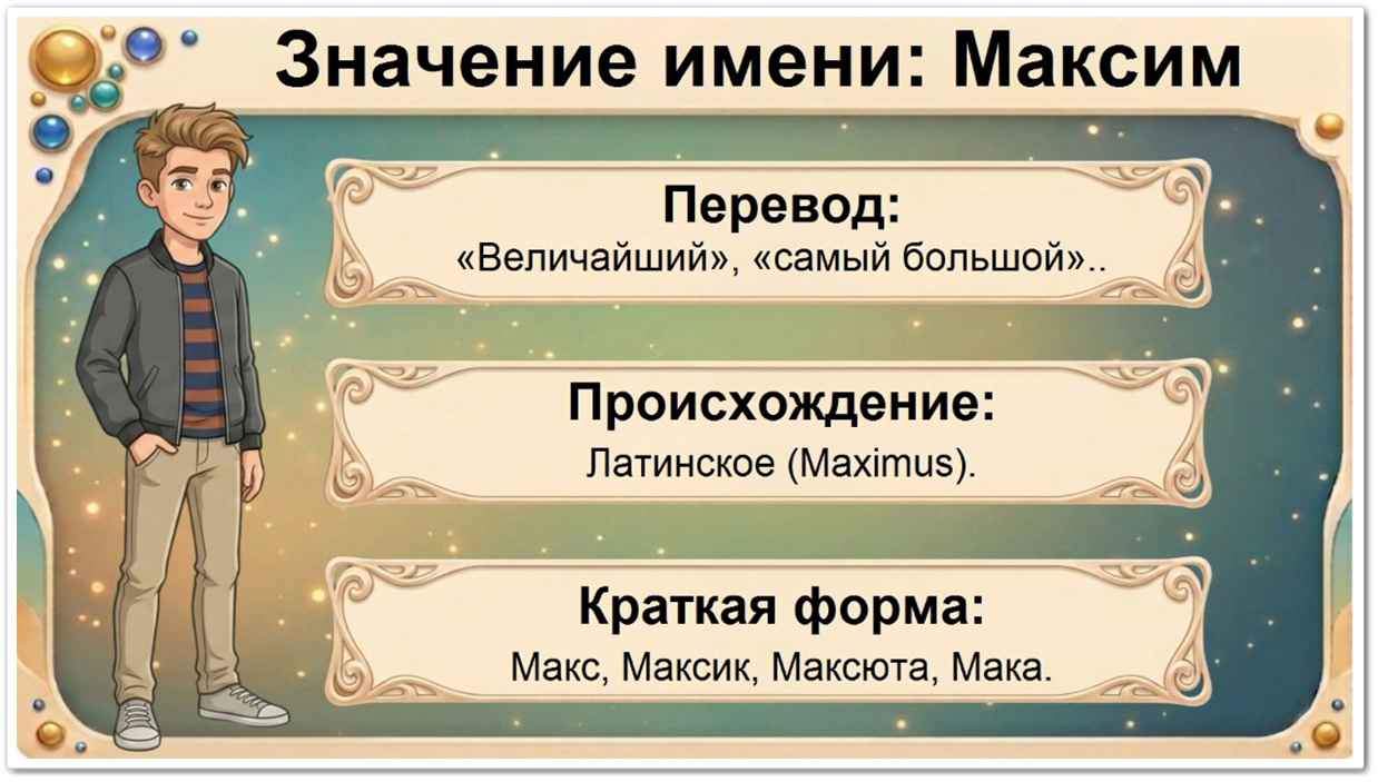 Значение имени Максим: перевод — величайший, латинское происхождение, краткие формы Макс, Максик, Максюта.