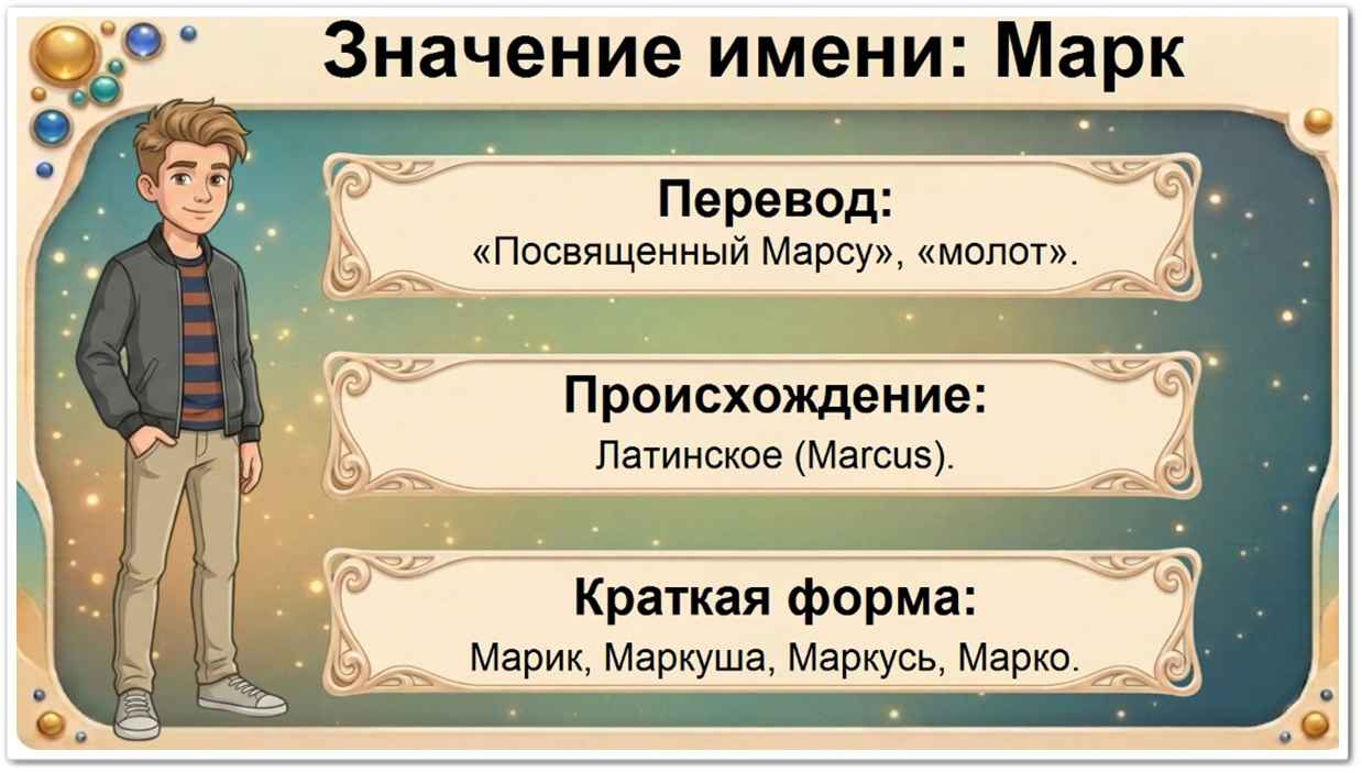 Значение имени Марк: перевод — молот, посвященный Марсу, латинское происхождение, краткие формы Марик, Маркуша, Маркусь.