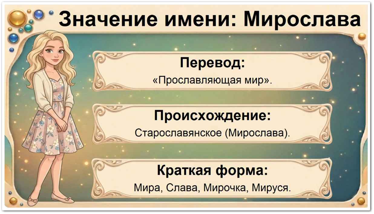 Значение имени Мирослава: перевод — прославляющая мир, старославянское происхождение, краткие формы Мира, Слава, Мирочка, Мируся.