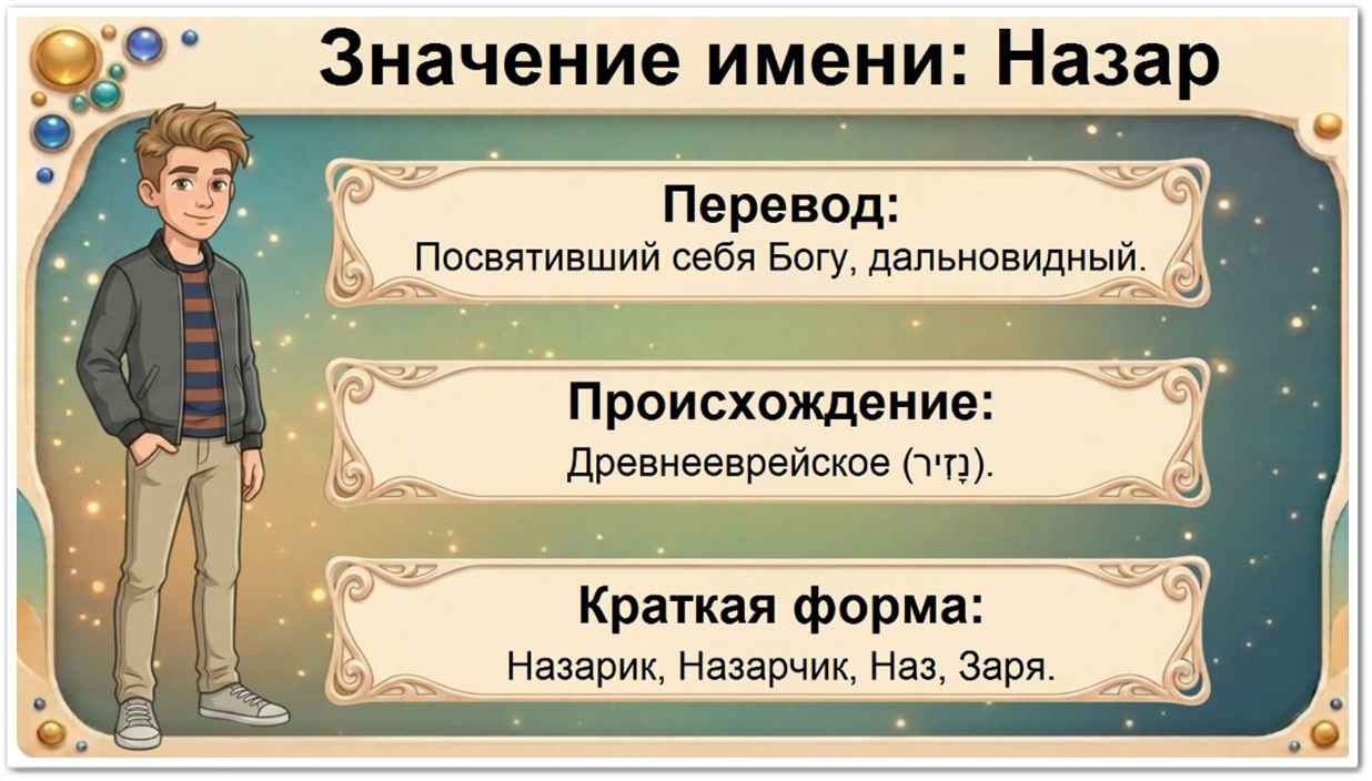 Значение имени Назар: перевод — посвященный Богу, дальновидный, происхождение, краткие формы Назарчик, Назарик, Наз.