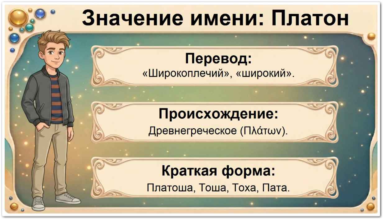Значение имени Платон: перевод — широкоплечий, древнегреческое происхождение, краткие формы Платоша, Тоша, Тоха.