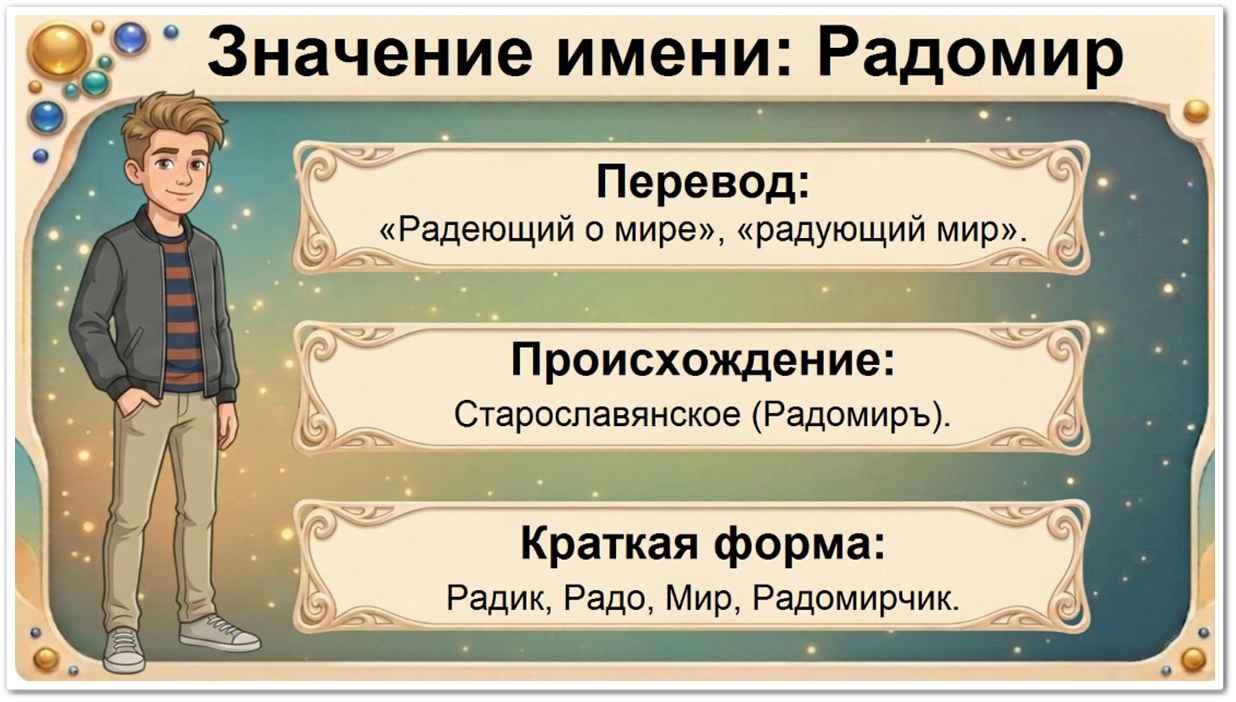 Значение имени Радомир: перевод — радеющий о мире, старославянское происхождение, краткие формы Радик, Радо, Мир, Радомирчик.