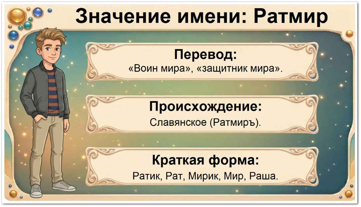 Значение имени Ратмир: славянское происхождение, перевод — воин мира, краткие формы Ратик, Рат, Мирик.