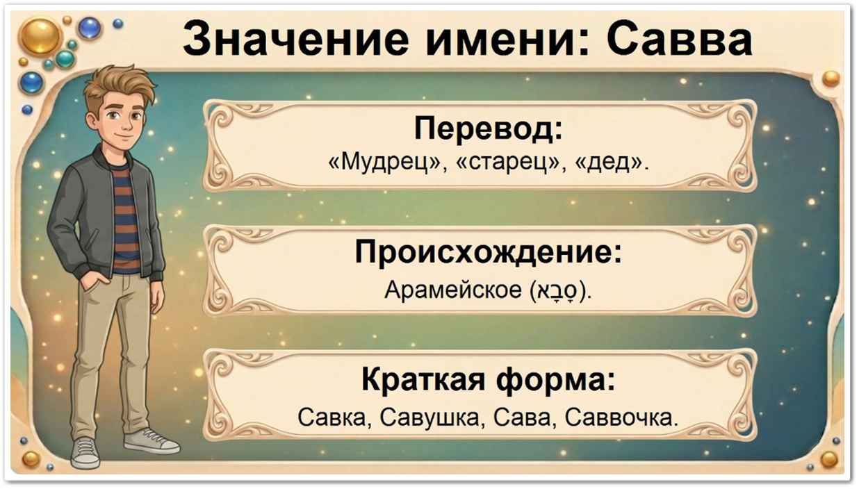Значение имени Савва: перевод — мудрец, старец, арамейское происхождение, краткие формы Савка, Саввушка, Сава.