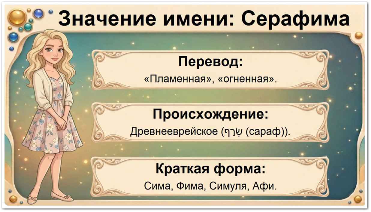 Значение имени Серафима: перевод — пламенная, огненная, древнееврейское происхождение, краткие формы Сима, Фима, Симуля, Афи.