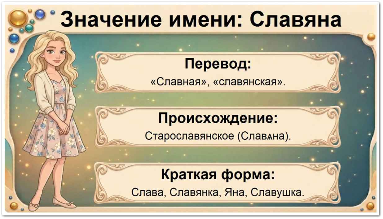 Значение имени Славяна: перевод — славная, славянская, старославянское происхождение, краткие формы Слава, Славянка, Яна, Славушка.