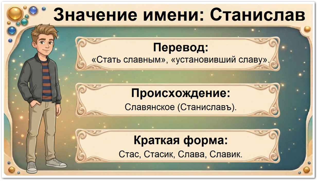 Значение имени Станислав: перевод — ставший славным, славянское происхождение, краткие формы Стас, Стасик, Слава.