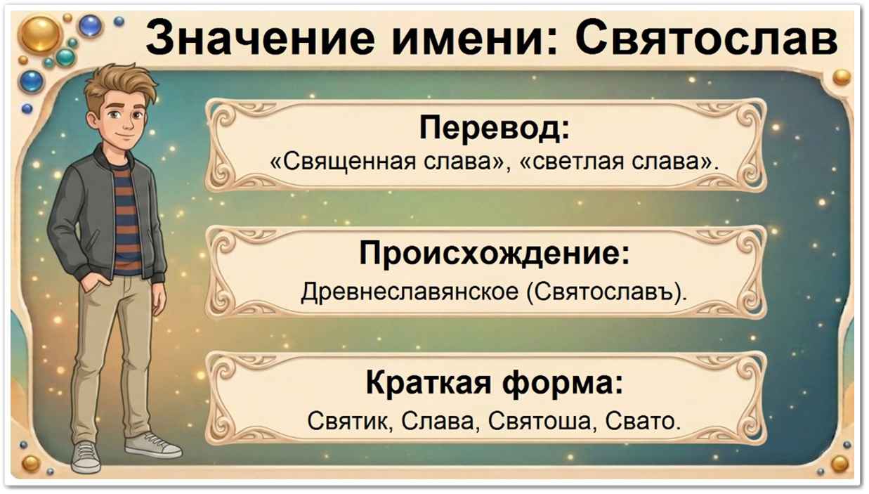 Значение имени Святослав: перевод — священная слава, славянское происхождение, краткие формы Святик, Слава, Святоша.