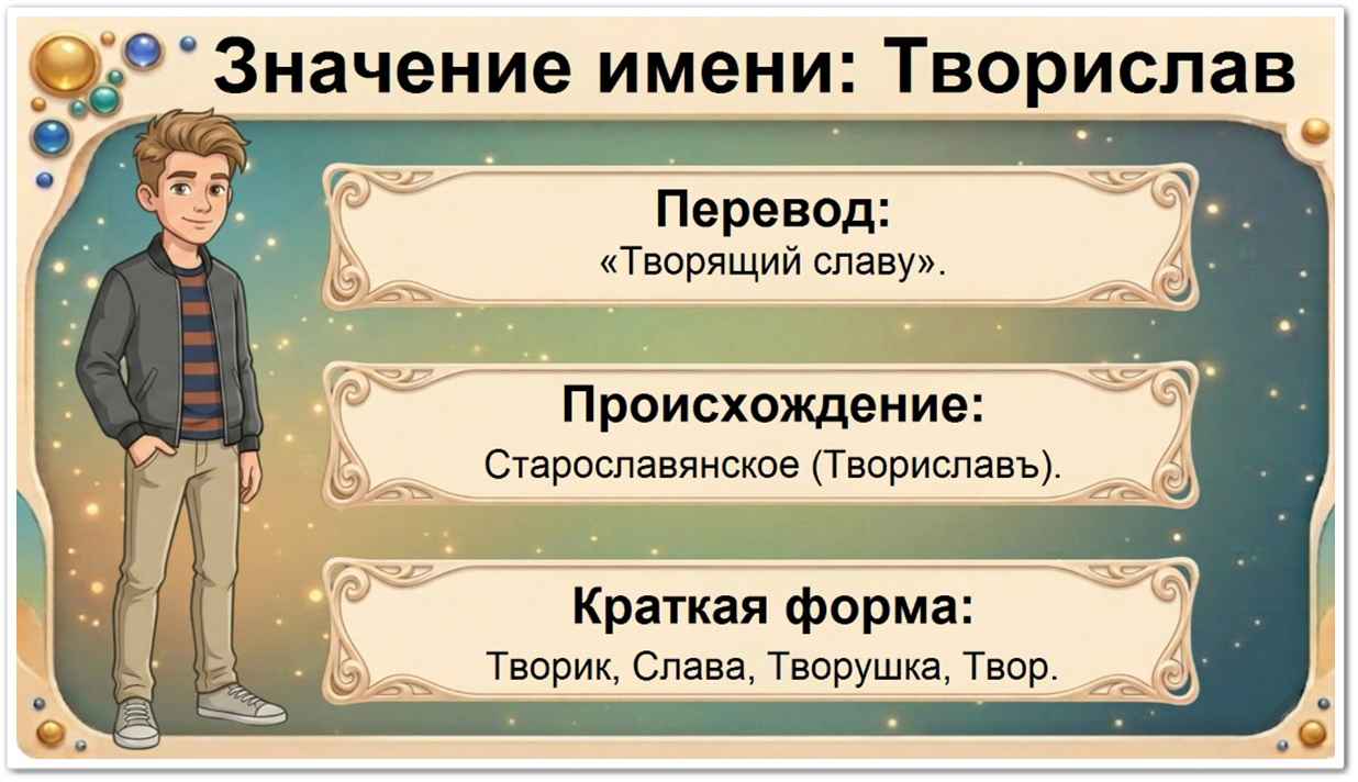 Значение имени Творислав: перевод — творящий славу, старославянское происхождение, краткие формы Творик, Слава, Творушка, Твор.