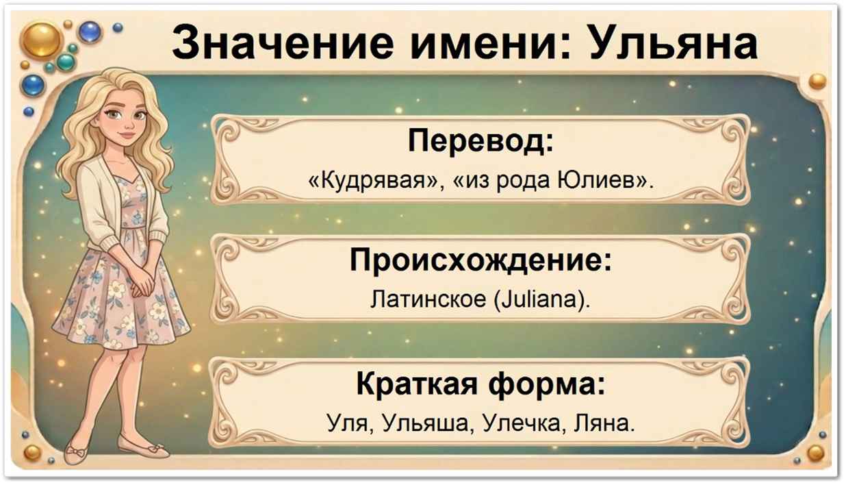 Значение имени Ульяна: перевод — кудрявая, латинское происхождение, краткие формы Уля, Ульяша, Улечка, Ляна.
