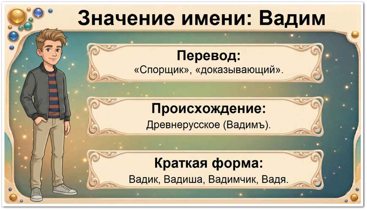 Значение имени Вадим: перевод — спорщик, доказывающий, древнерусское происхождение, краткие формы Вадик, Вадиша, Вадимчик, Вадя.