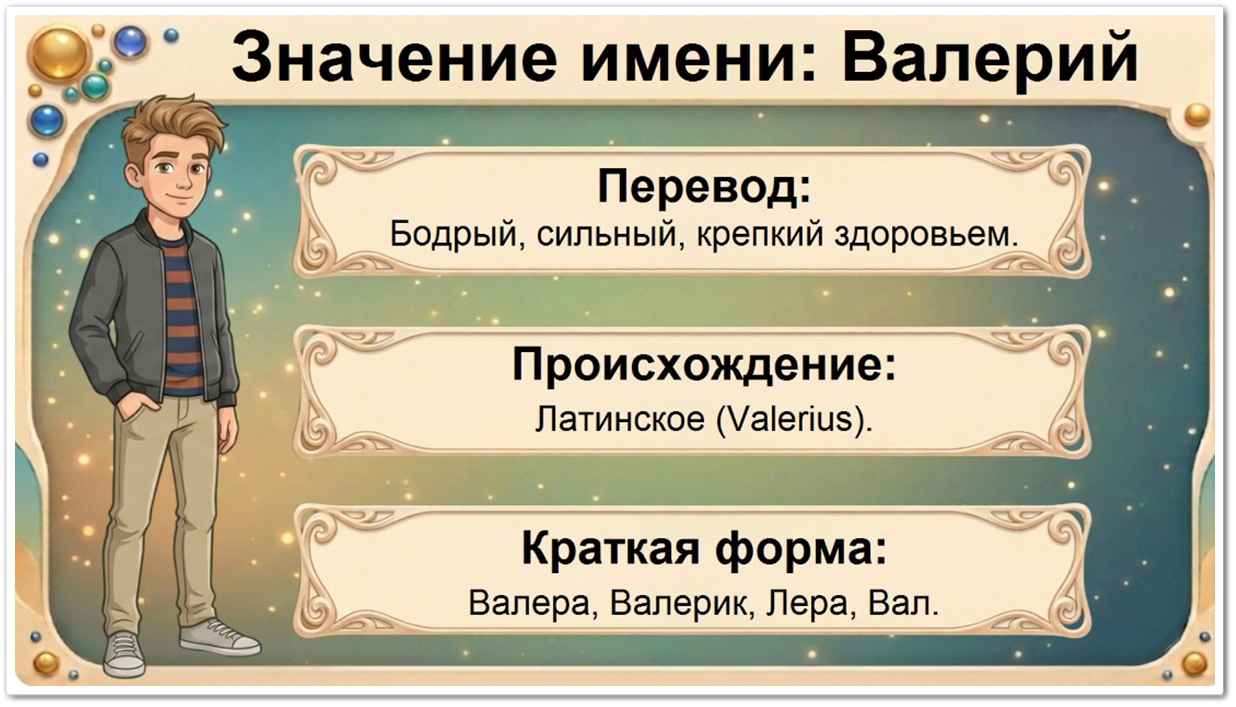 Значение имени Валерий: перевод — бодрый, сильный, латинское происхождение, краткие формы Валера, Валерик, Лера, Вал.