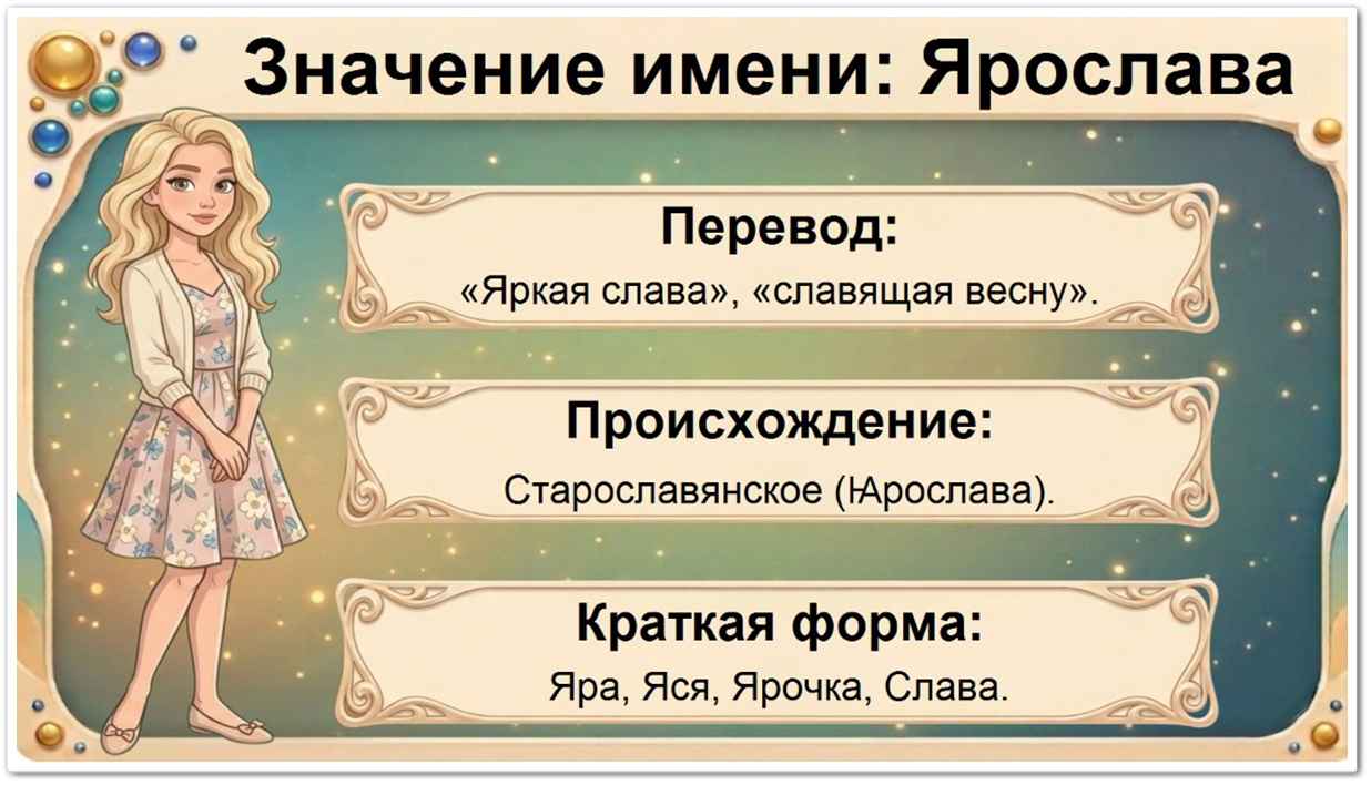 Значение имени Ярослава: перевод — яркая слава, славящая весну, старославянское происхождение, краткие формы Яра, Яся, Ярочка, Слава.