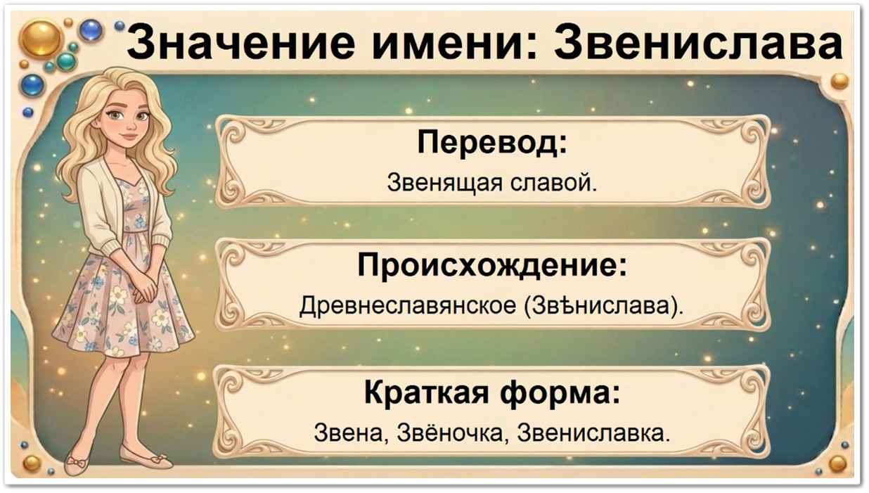 Значение имени Звенислава: перевод — звенящая славой, славянское происхождение, краткие формы Звена, Звеня, Слава.